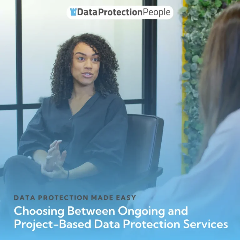 Woman speaking in a meeting about choosing data protection services, with visible text regarding the topic.